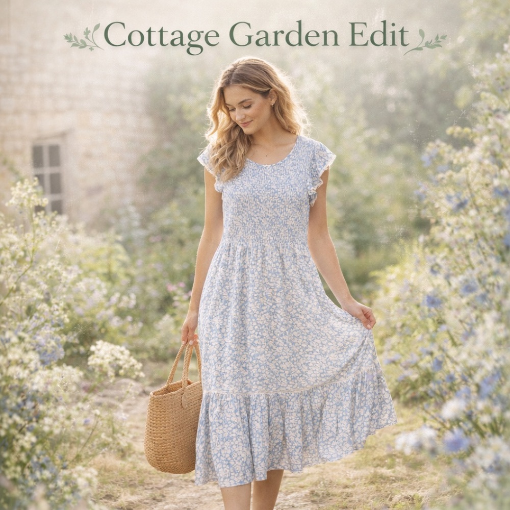 Lost + Wander Cottagecore Blue Floral Smocked Midi Dress L
